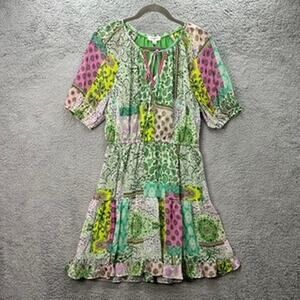 Umgee NWT Medium Dress Green Patchwork Sheer Sleeves Lined Elastic Waist Boho
